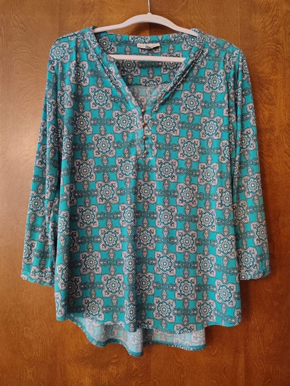 Dana Bachman Women’s Teal Patterned Long-Sleeve Henley Top Size XL
